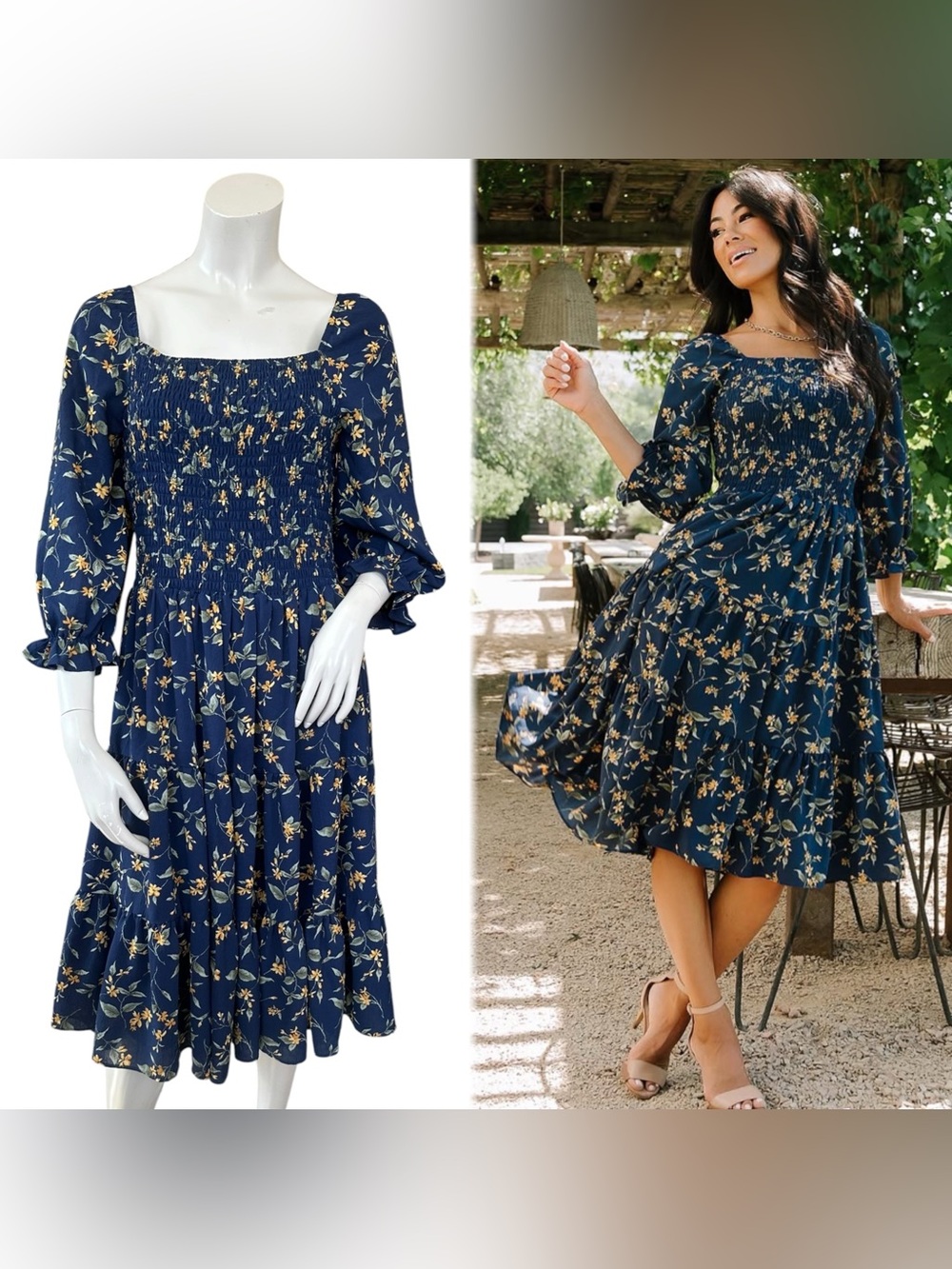 Baltic Born Malta Navy Blue Floral Smocked Bodice Tiered Midi Dress Size 1XL